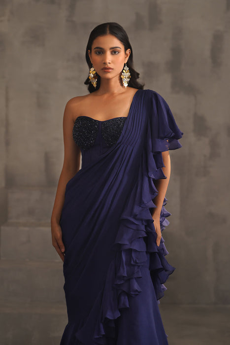 Navy blue embroidered bustier and drape saree