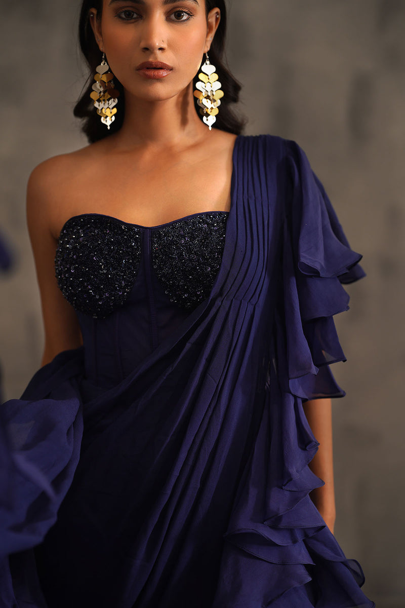 Navy blue embroidered bustier and drape saree