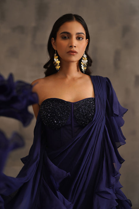 Navy blue embroidered bustier and drape saree