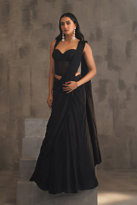 Black embroidered corset and drape saree