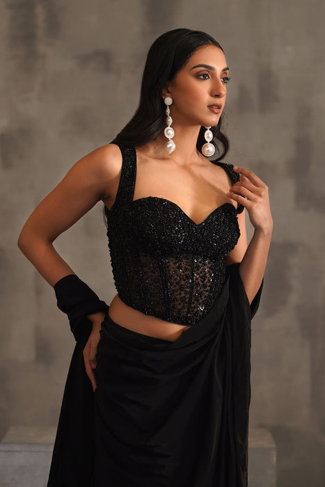 Black embroidered corset and drape saree