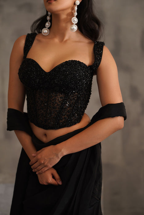 Black embroidered corset and drape saree