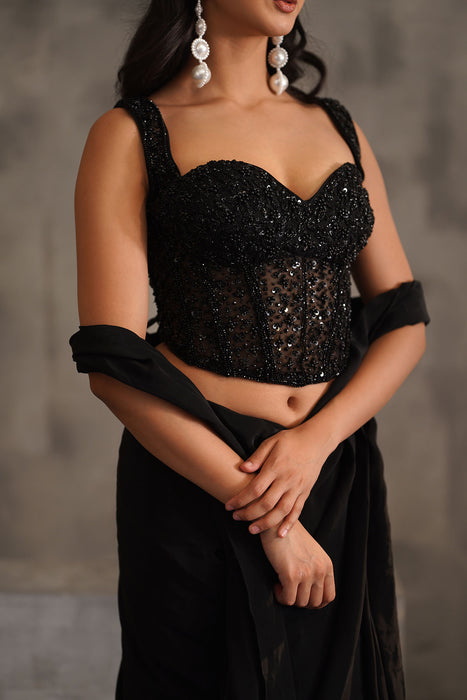 Black embroidered corset and drape saree