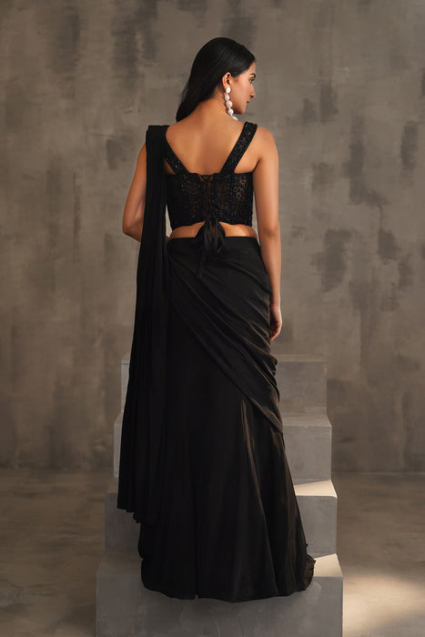 Black embroidered corset and drape saree