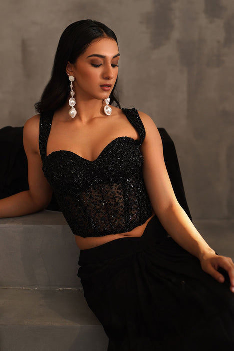 Black embroidered corset and drape saree