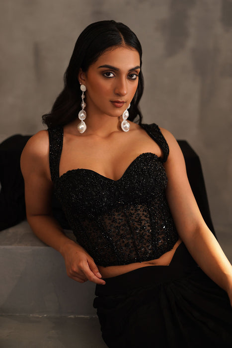 Black embroidered corset and drape saree