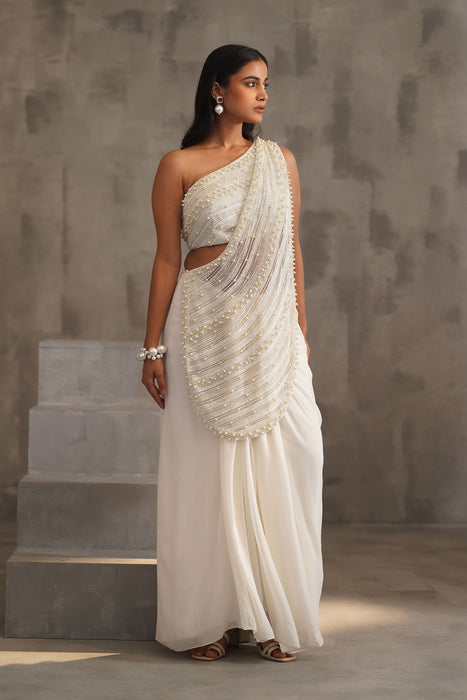 Off White embroidered bouse, drape saree