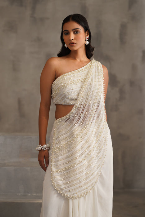 Off White embroidered bouse, drape saree