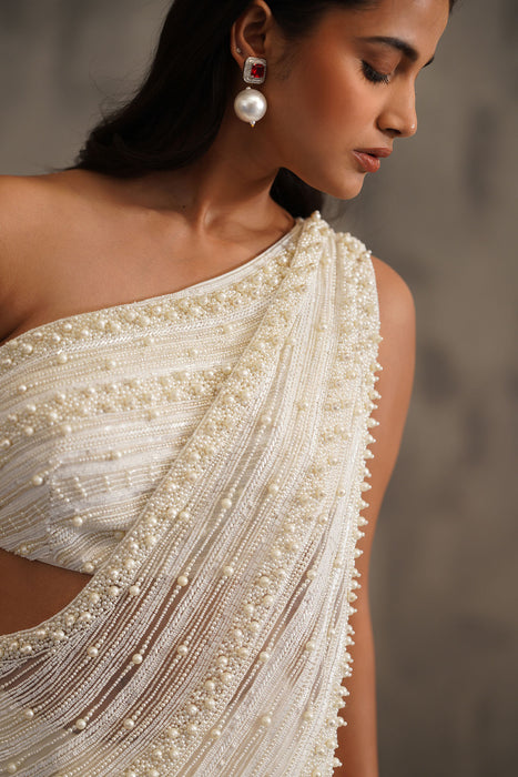 Off White embroidered bouse, drape saree