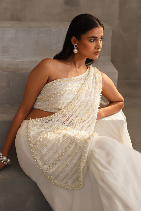 Off White embroidered bouse, drape saree