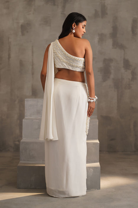 Off White embroidered bouse, drape saree