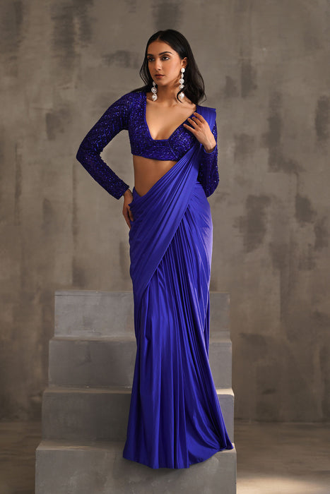 Royal blue embroidered blouse and drape lycra saree