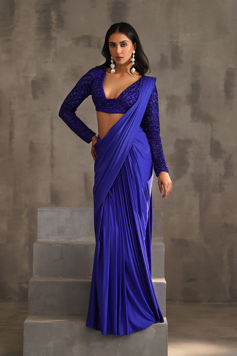 Royal blue embroidered blouse and drape lycra saree