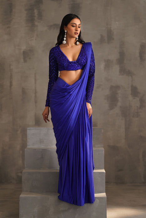 Royal blue embroidered blouse and drape lycra saree