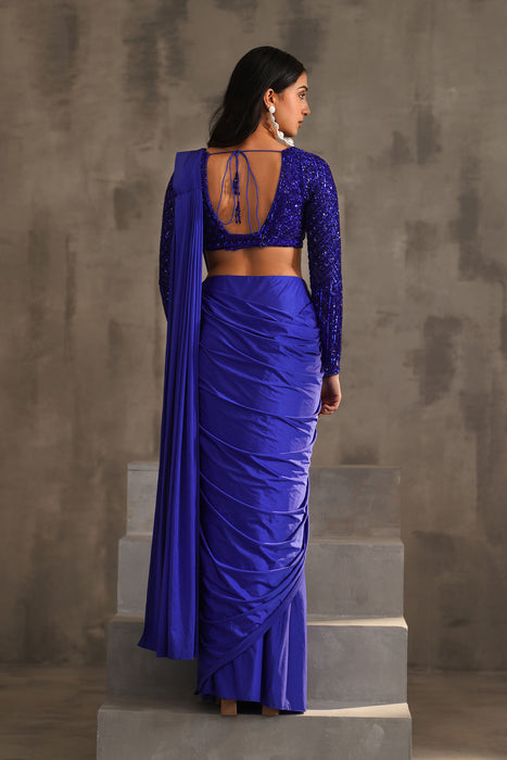Royal blue embroidered blouse and drape lycra saree