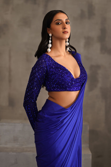 Royal blue embroidered blouse and drape lycra saree