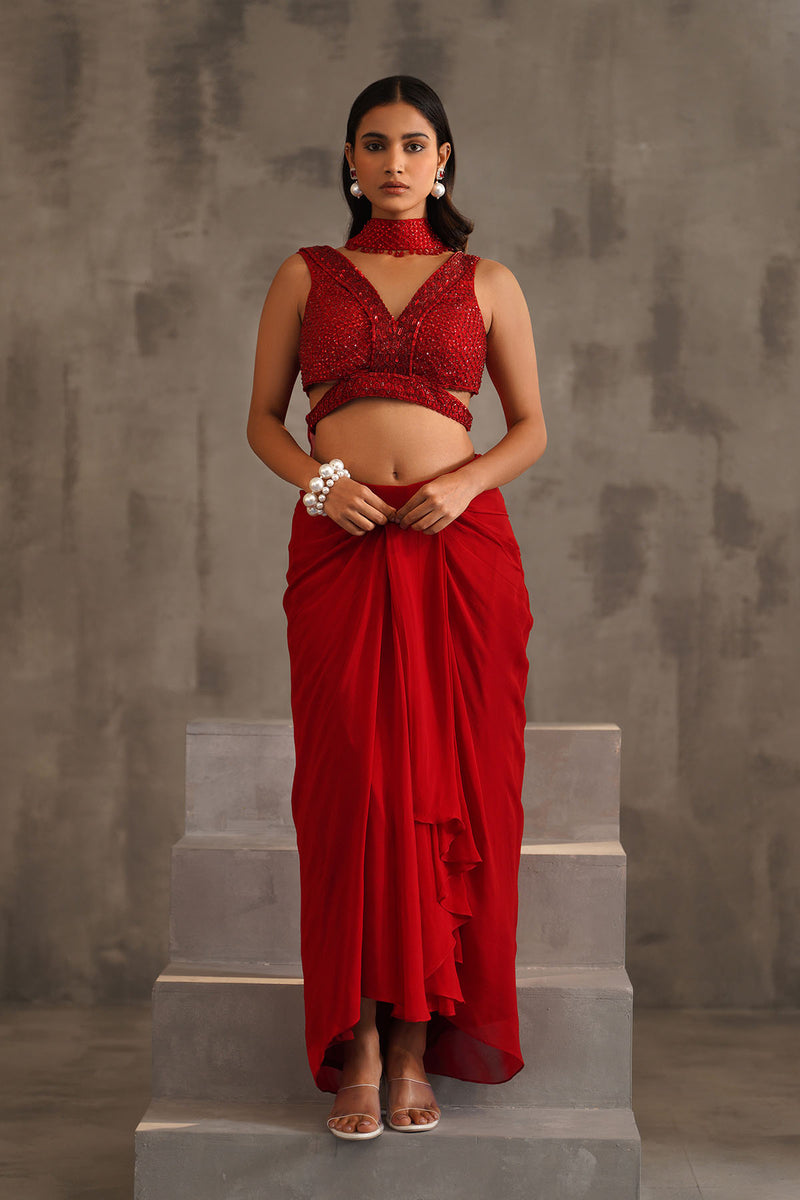 Red embroidered blouse and dhoti skirt, choker dupatta