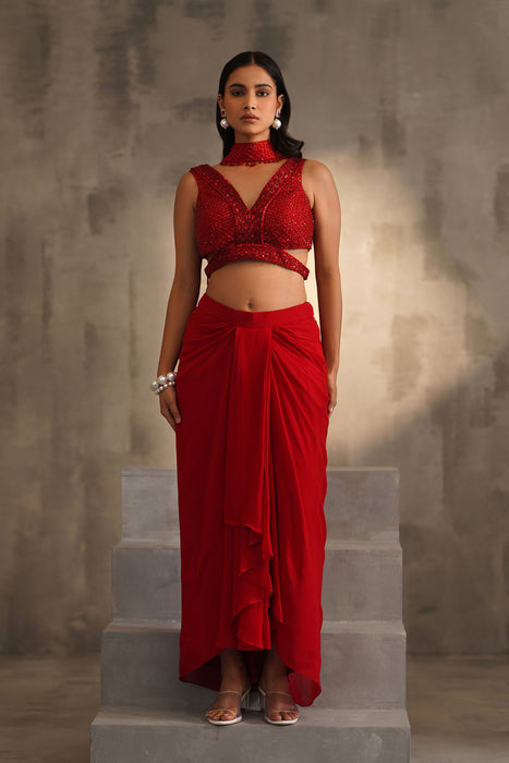 Red embroidered blouse and dhoti skirt, choker dupatta
