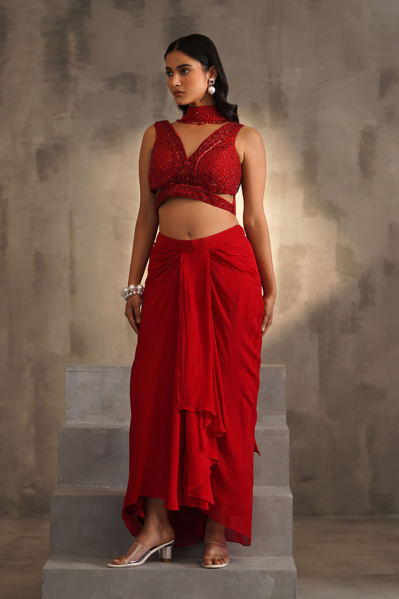 Red embroidered blouse and dhoti skirt, choker dupatta