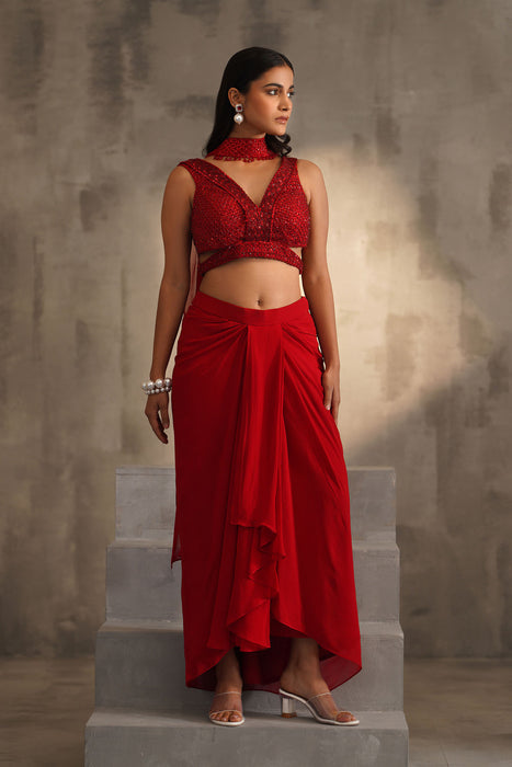 Red embroidered blouse and dhoti skirt, choker dupatta
