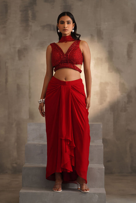 Red embroidered blouse and dhoti skirt, choker dupatta