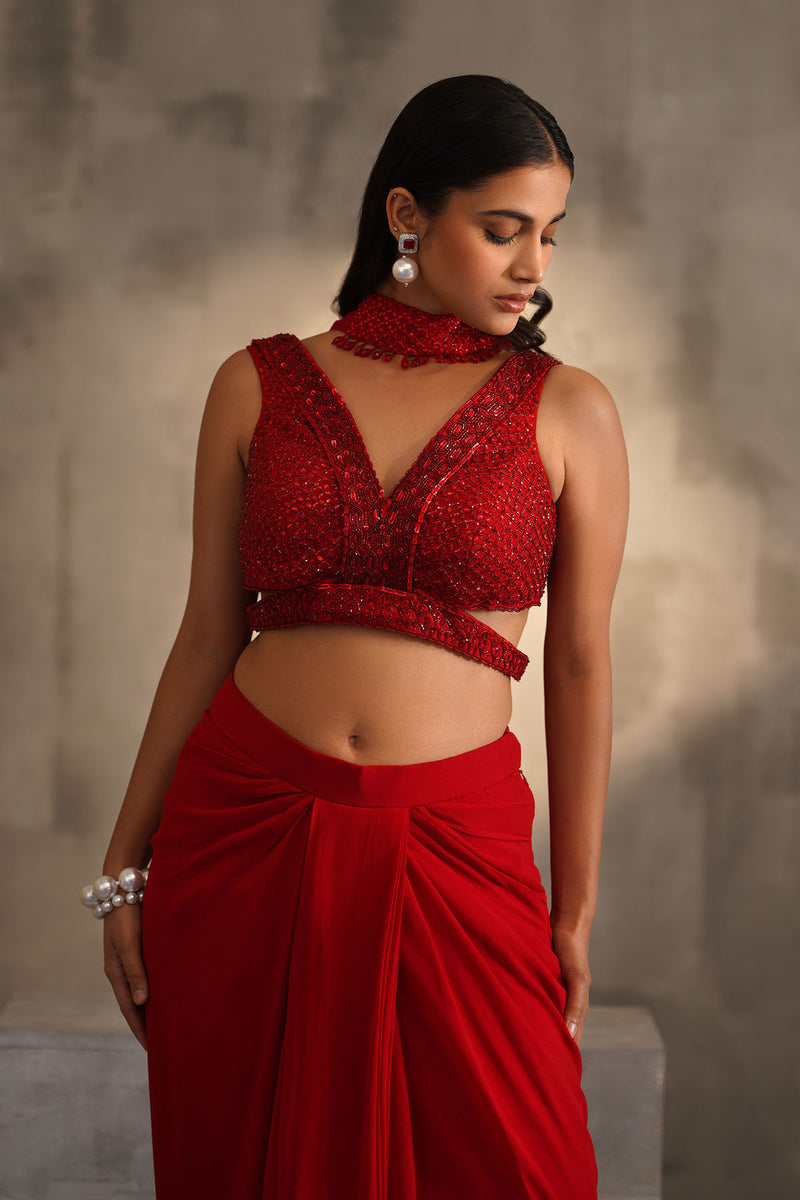 Red embroidered blouse and dhoti skirt, choker dupatta