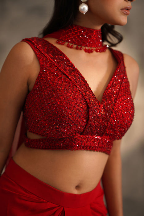 Red embroidered blouse and dhoti skirt, choker dupatta