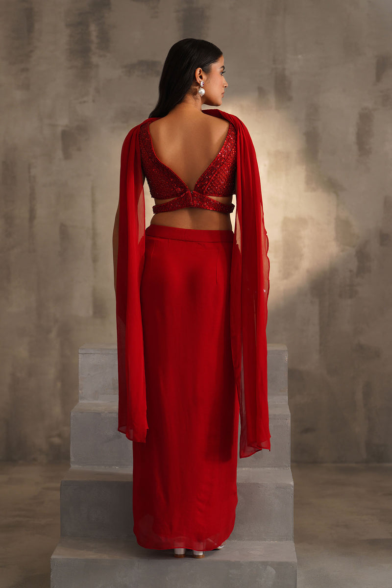 Red embroidered blouse and dhoti skirt, choker dupatta