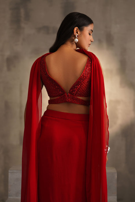 Red embroidered blouse and dhoti skirt, choker dupatta