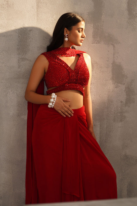 Red embroidered blouse and dhoti skirt, choker dupatta