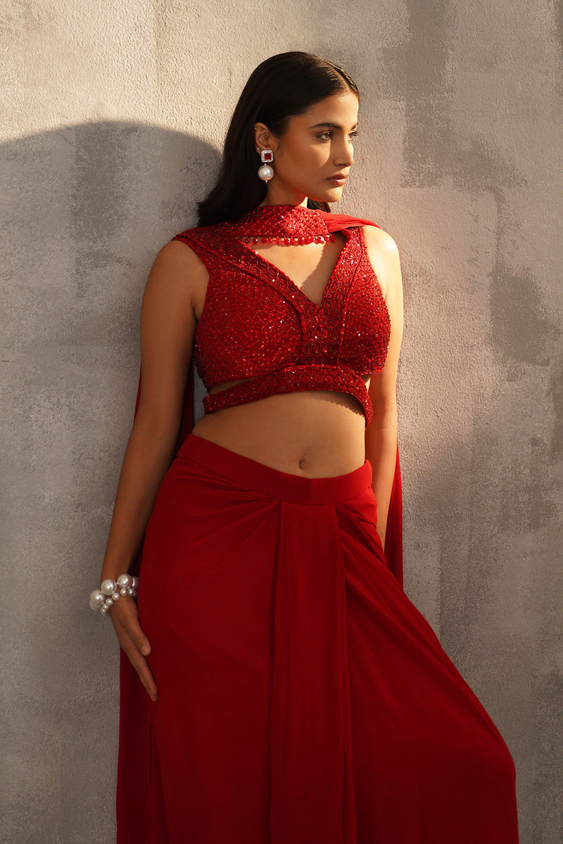 Red embroidered blouse and dhoti skirt, choker dupatta