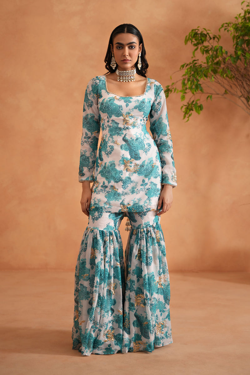 Teal blue and white printed kurti, garara dupatta