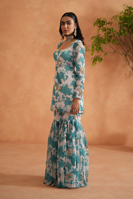 Teal blue and white printed kurti, garara dupatta
