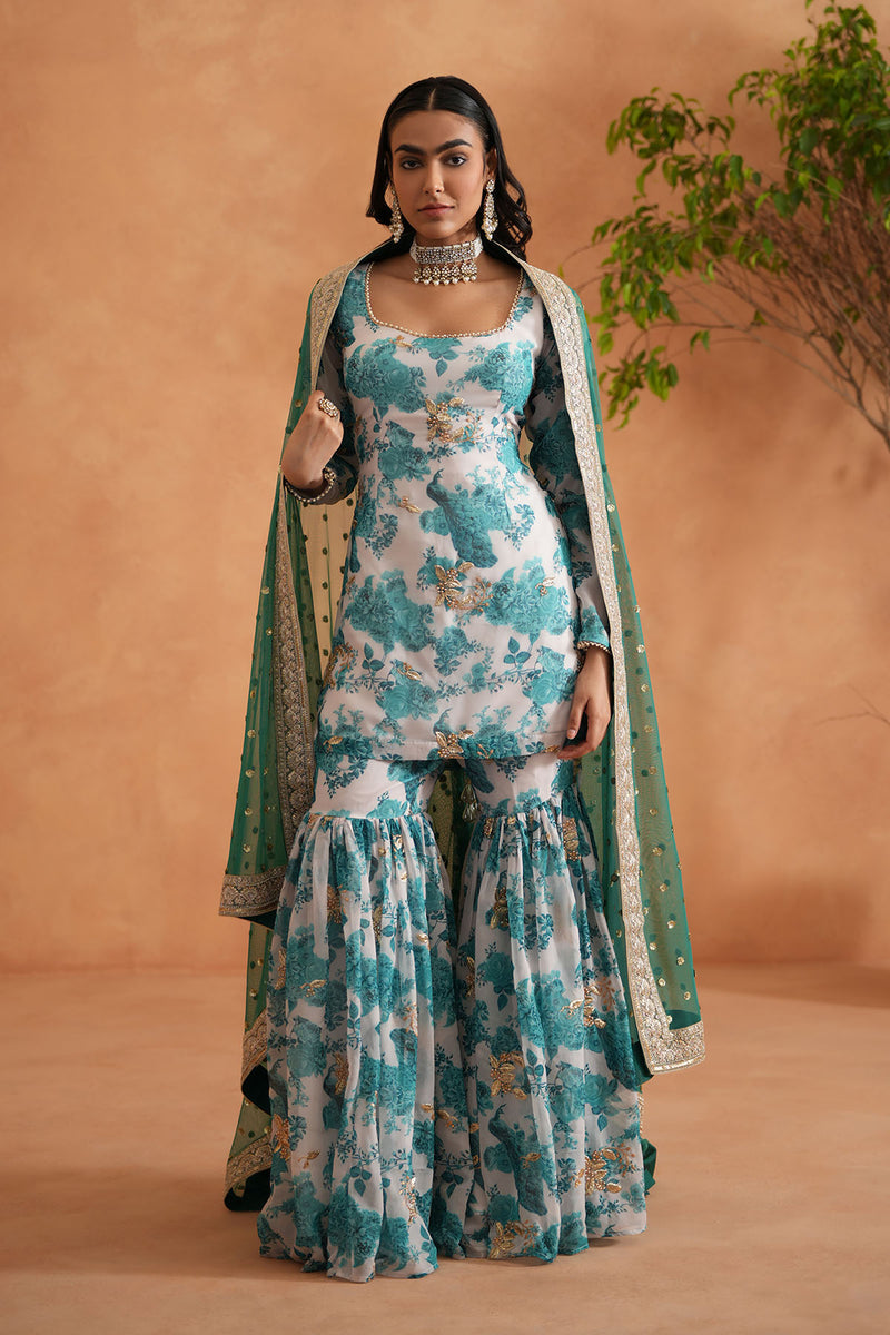 Teal blue and white printed kurti, garara dupatta