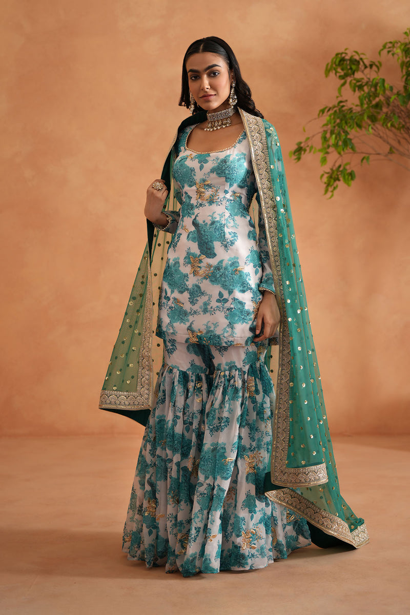 Teal blue and white printed kurti, garara dupatta