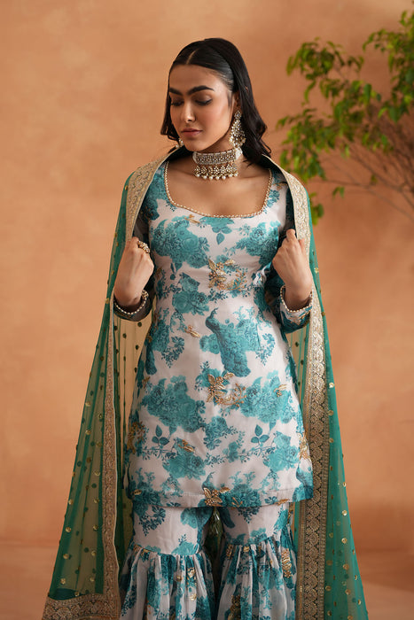 Teal blue and white printed kurti, garara dupatta