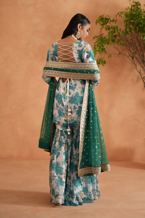 Teal blue and white printed kurti, garara dupatta