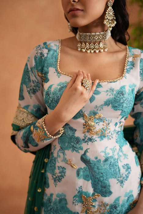 Teal blue and white printed kurti, garara dupatta