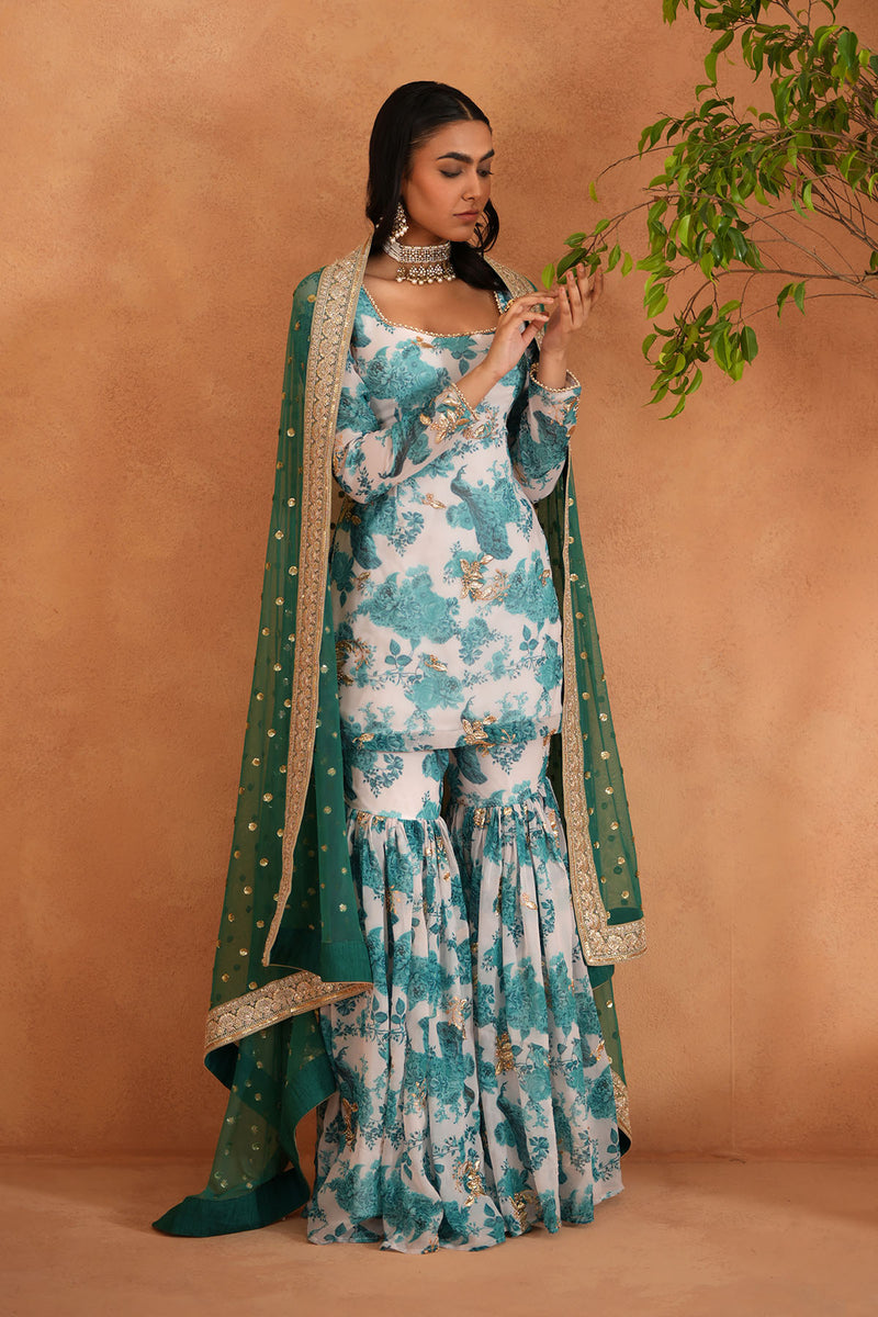 Teal blue and white printed kurti, garara dupatta