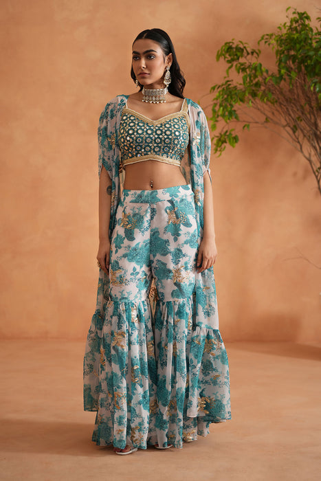 Teal blue mirror blouse, printed garara and Cape