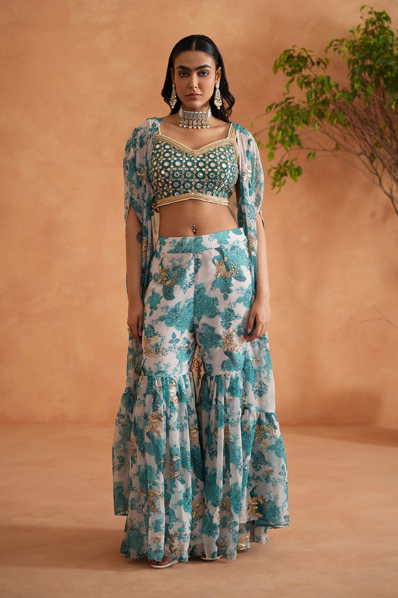 Teal blue mirror blouse, printed garara and Cape