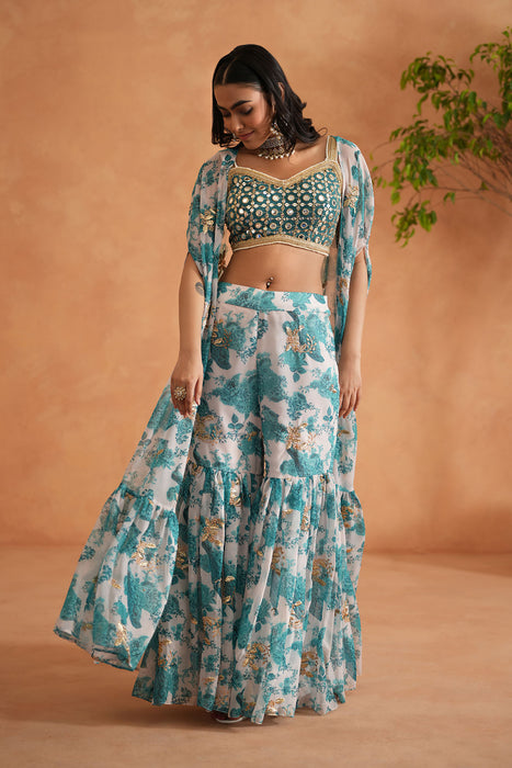 Teal blue mirror blouse, printed garara and Cape