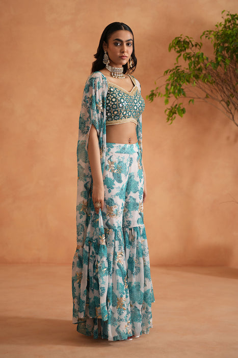 Teal blue mirror blouse, printed garara and Cape