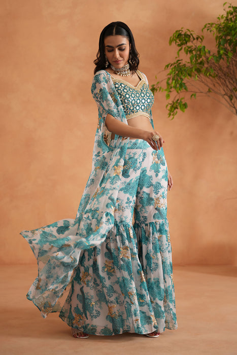 Teal blue mirror blouse, printed garara and Cape