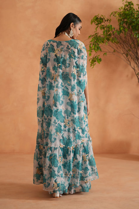 Teal blue mirror blouse, printed garara and Cape