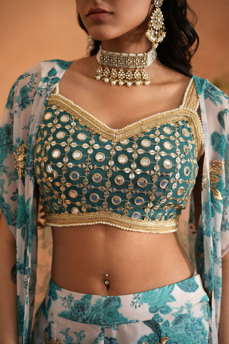 Teal blue mirror blouse, printed garara and Cape