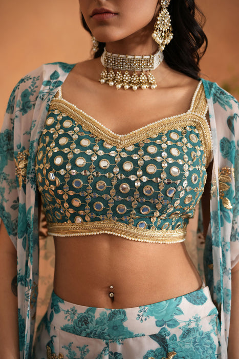 Teal blue mirror blouse, printed garara and Cape