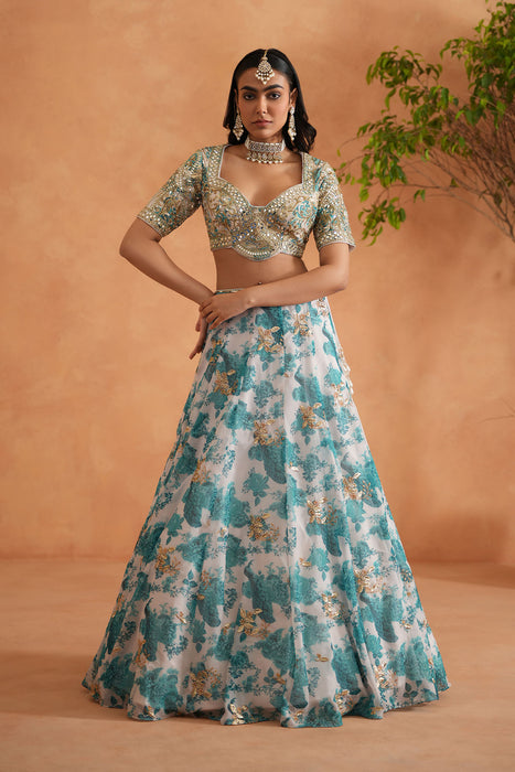 Teal blue mirror embroidery blouse, printed lehanga,dupatta