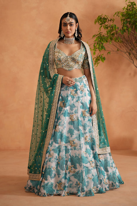 Teal blue mirror embroidery blouse, printed lehanga,dupatta