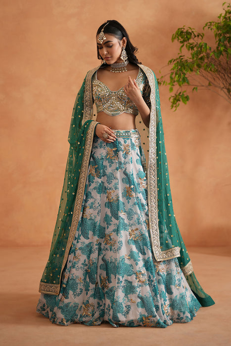 Teal blue mirror embroidery blouse, printed lehanga,dupatta
